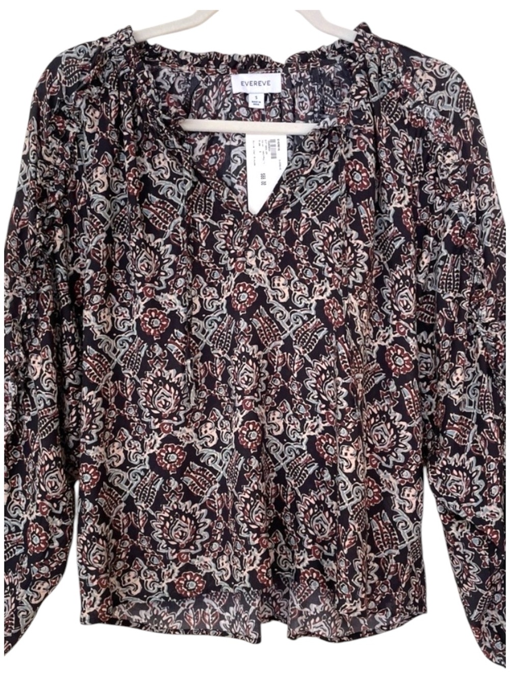 NEW Evereve Kylie Ikat Black Multicolor Block Print Blouse S Flowy Sleeve Boho